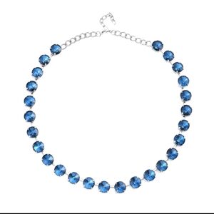 Blue Glass Tennis Necklace 20-22 Inches in Silvertone